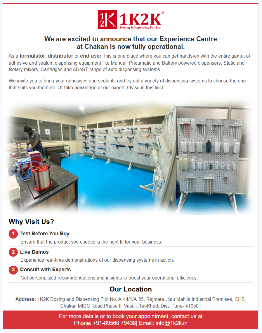 1K2K Experience Centre in Chakan with adhesive and sealant dispensing systems, static mixers, cartridges and live demo setup