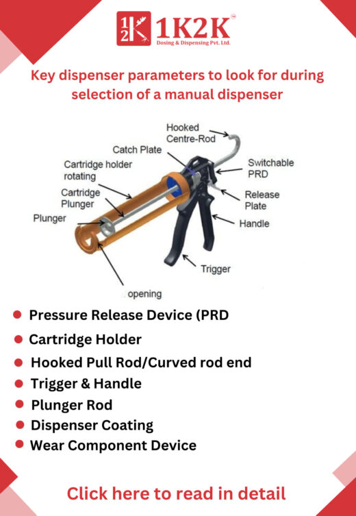 Key parameters for selecting a manual adhesive dispenser including pressure release device, cartridge holder, trigger and handle components