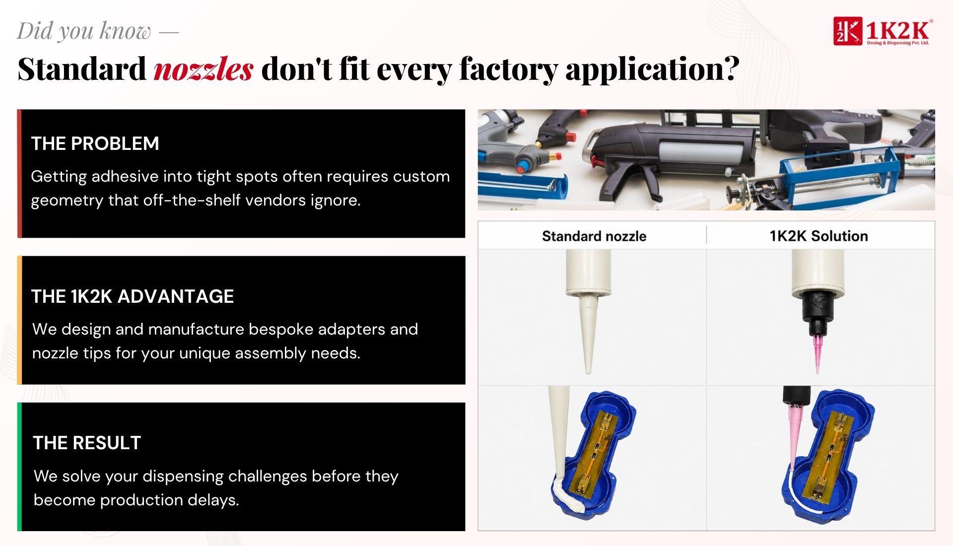 1K2K bespoke adapters and nozzle for precision dispensing in tight factory assembly spots
